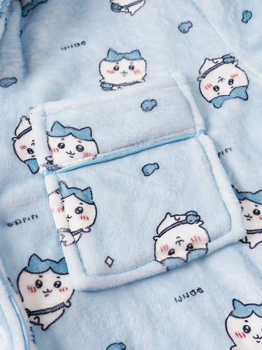 Usagi & Hachiware Winter Coral Fleece Pajama Set - Cute Cartoon Unisex Couple's Homewear, Warm & Cozy