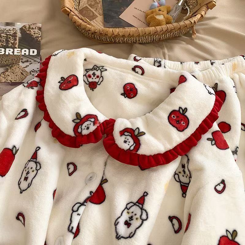 Joke Bear Women's Fluffy Coral Fleece Pajama Set with Peter Pan Collar - Princess Style, Thick & Warm for Autumn/Winter