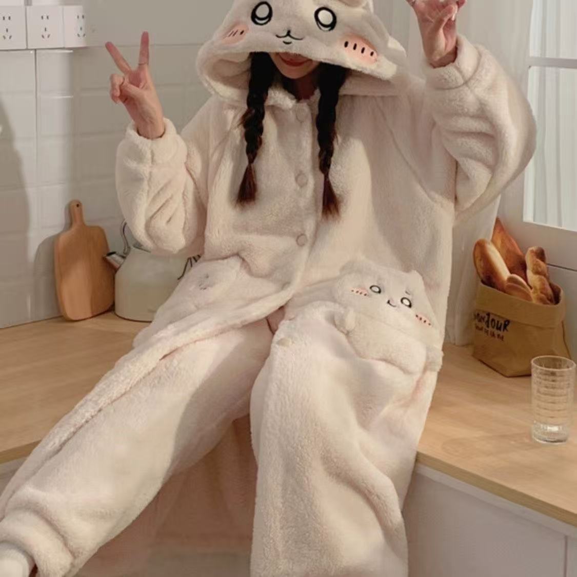 Cute Chiikawa Coral Fleece Hooded Pajama Set (Unisex) - Warm for Home & Lounge Wear