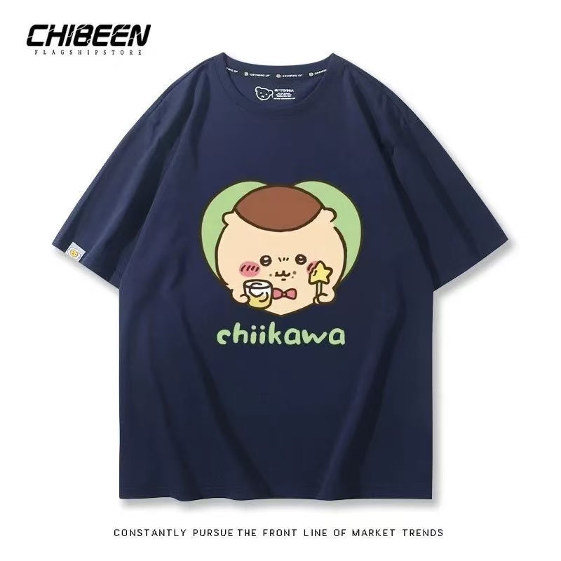 Chiikawa 100% Cotton, navy blue color,Soft on Skin, Japanese Anime Style Short-Sleeve T-Shirt