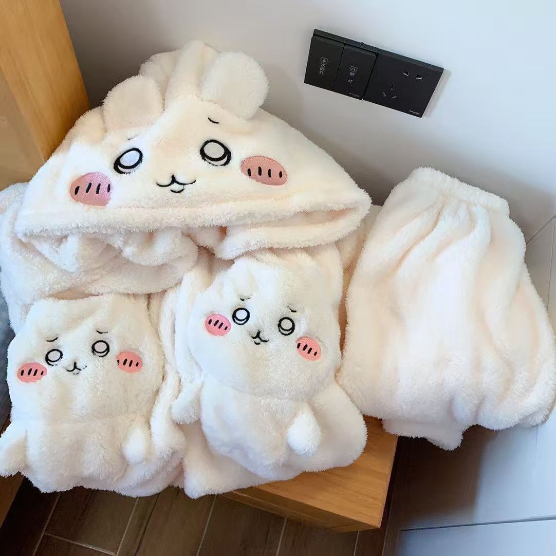 Cute Chiikawa Coral Fleece Hooded Pajama Set (Unisex) - Warm for Home & Lounge Wear