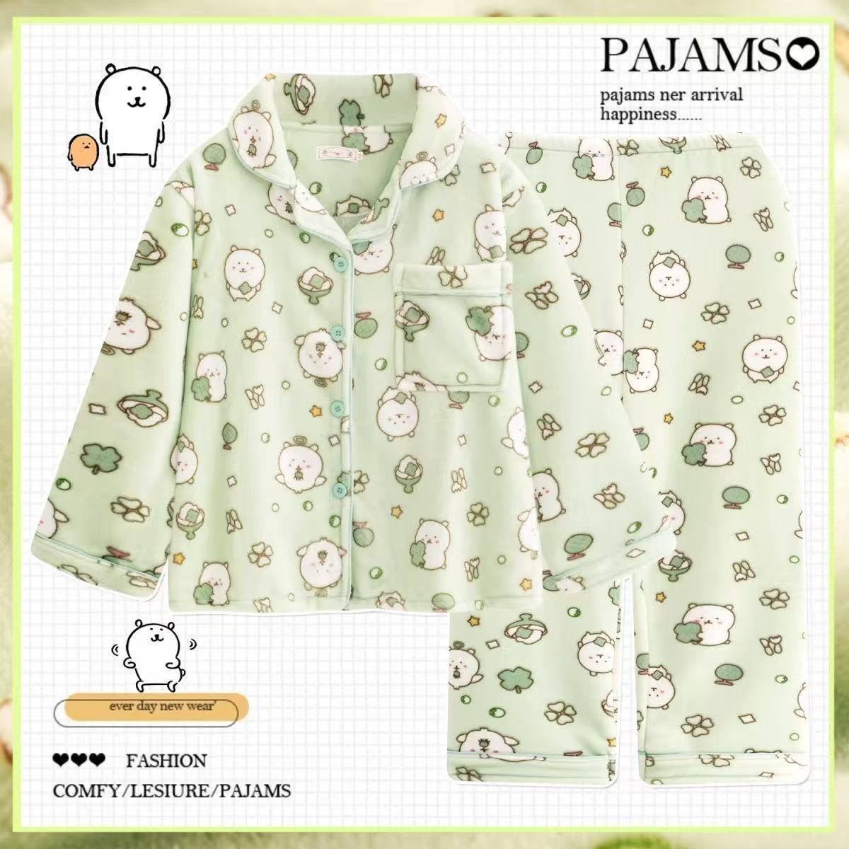 Joke Bear Cute Joke Bear Pajamas: Mint Green Coral Fleece, Thick & Warm Japanese-Style HomewearPajamas: Mint Green Coral Fleece, Thick & Warm Japanese-Style Homewear