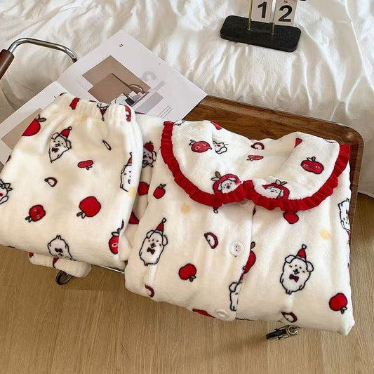 Joke Bear Women's Fluffy Coral Fleece Pajama Set with Peter Pan Collar - Princess Style, Thick & Warm for Autumn/Winter