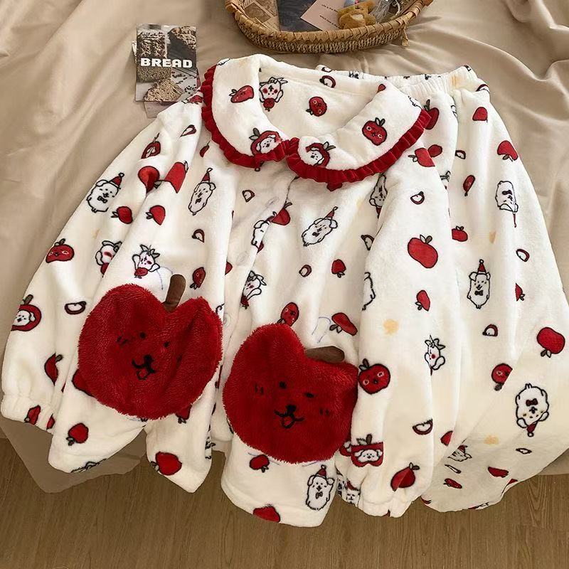 Joke Bear Women's Fluffy Coral Fleece Pajama Set with Peter Pan Collar - Princess Style, Thick & Warm for Autumn/Winter