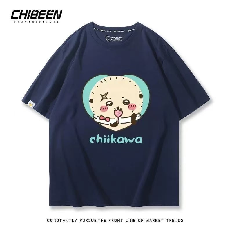 Chiikawa 100% Cotton, navy blue color,Soft on Skin, Japanese Anime Style Short-Sleeve T-Shirt
