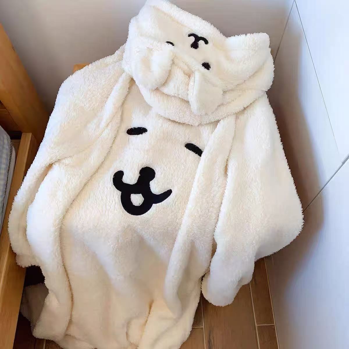Joke Bear Women's Winter Robe - Plush Coral Fleece Hooded Long Pajamas, Thick & Cute for Fall/Winter, Can Be Worn Outside