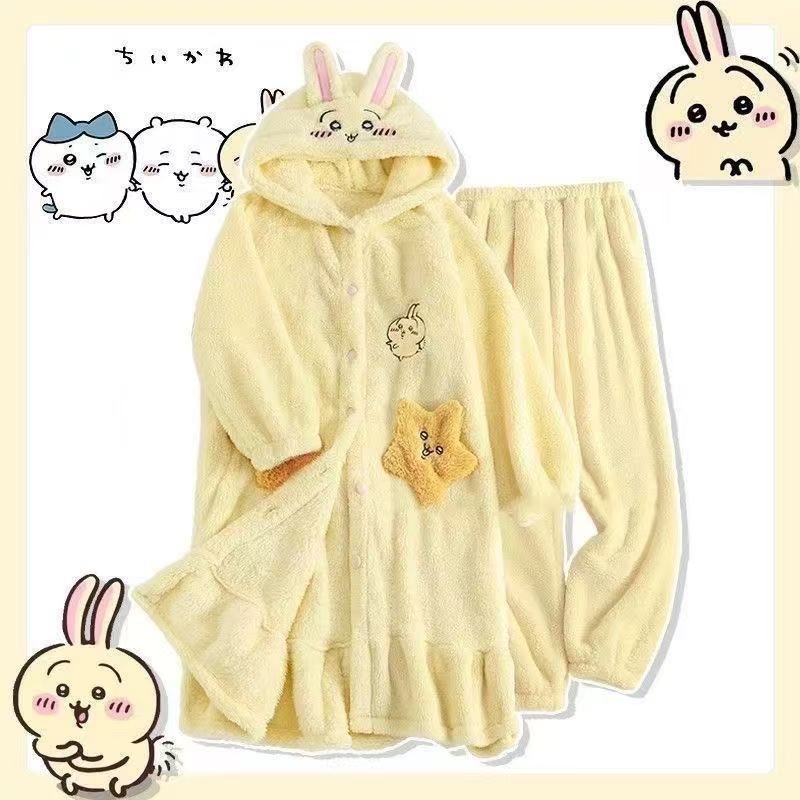Women's Cute Usagi Plush Coral Fleece Robe - Mid-Length Pajama Dress for Spring, Autumn & Winter