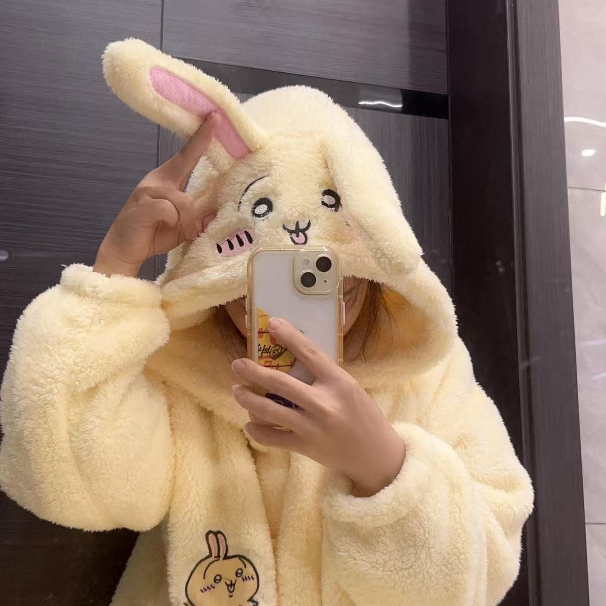 Women's Cute Usagi Plush Coral Fleece Robe - Mid-Length Pajama Dress for Spring, Autumn & Winter