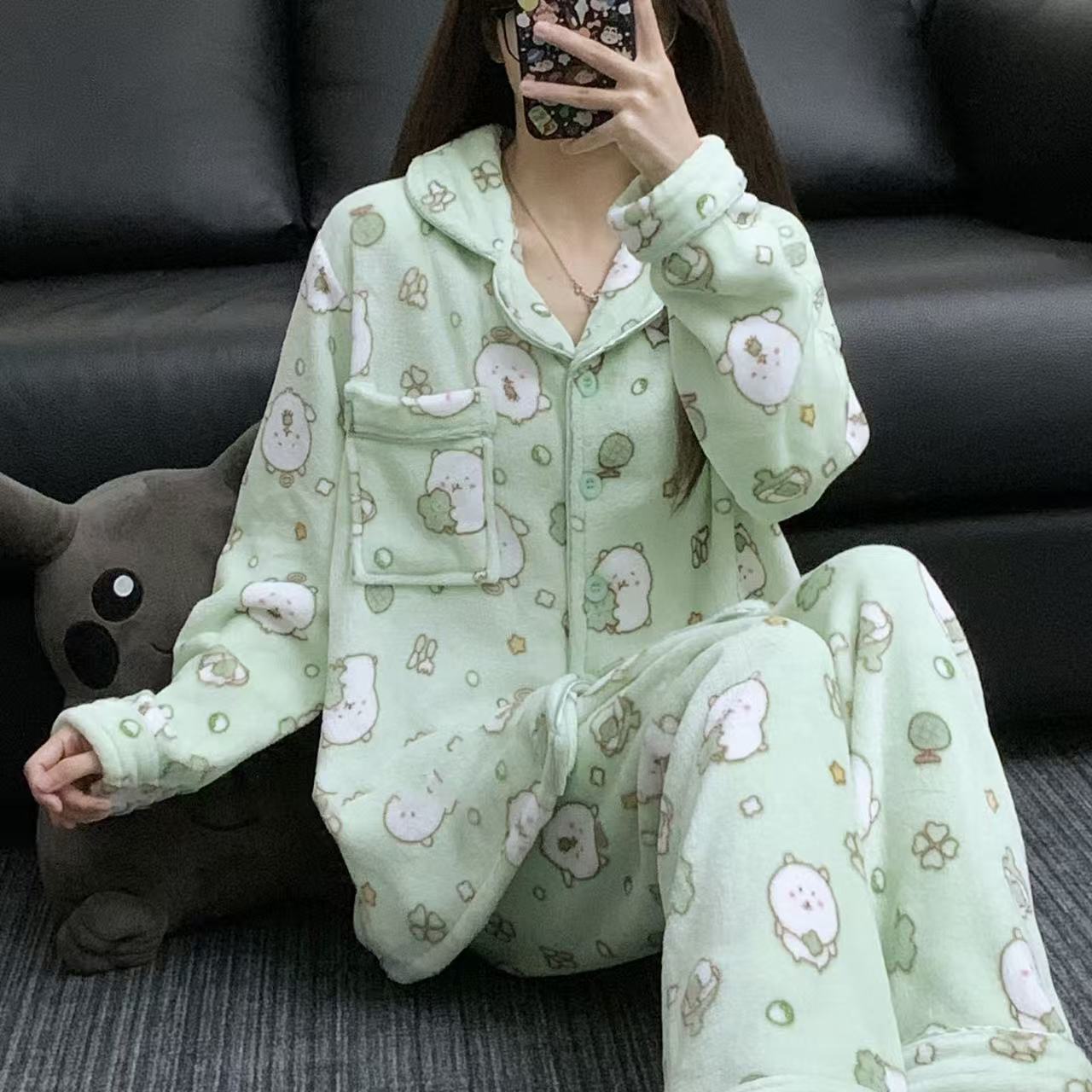 Joke Bear Cute Joke Bear Pajamas: Mint Green Coral Fleece, Thick & Warm Japanese-Style HomewearPajamas: Mint Green Coral Fleece, Thick & Warm Japanese-Style Homewear