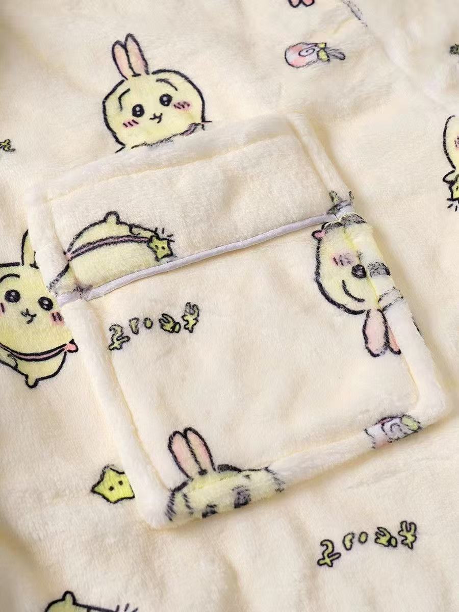 Usagi & Hachiware Winter Coral Fleece Pajama Set - Cute Cartoon Unisex Couple's Homewear, Warm & Cozy
