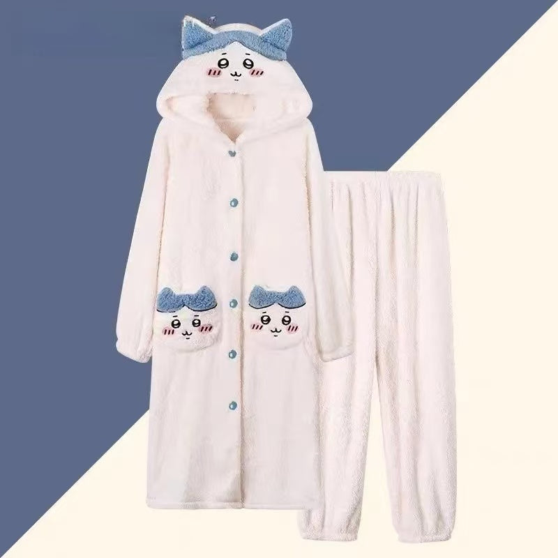 Hachiware Winter Plush Fleece Pajama Set - Cute Women's Mid-Length Loungewear