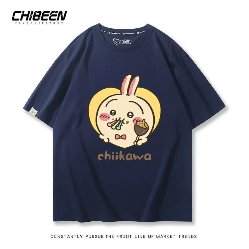 Chiikawa 100% Cotton, navy blue color,Soft on Skin, Japanese Anime Style Short-Sleeve T-Shirt