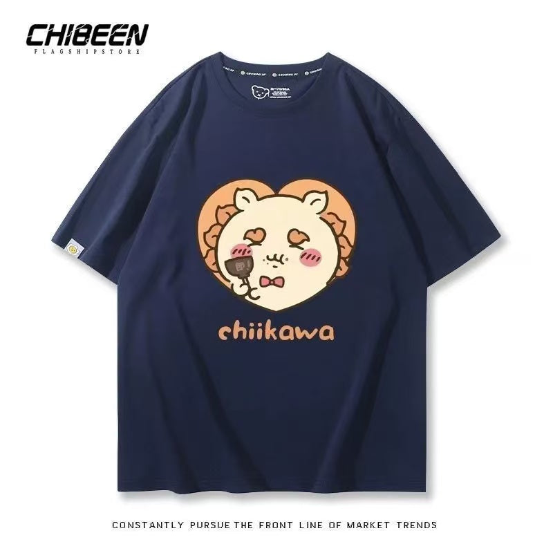 Chiikawa 100% Cotton, navy blue color,Soft on Skin, Japanese Anime Style Short-Sleeve T-Shirt
