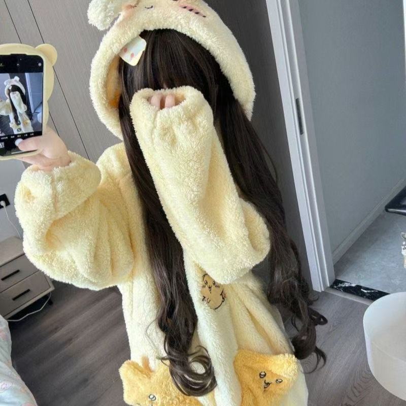 Women's Cute Usagi Plush Coral Fleece Robe - Mid-Length Pajama Dress for Spring, Autumn & Winter
