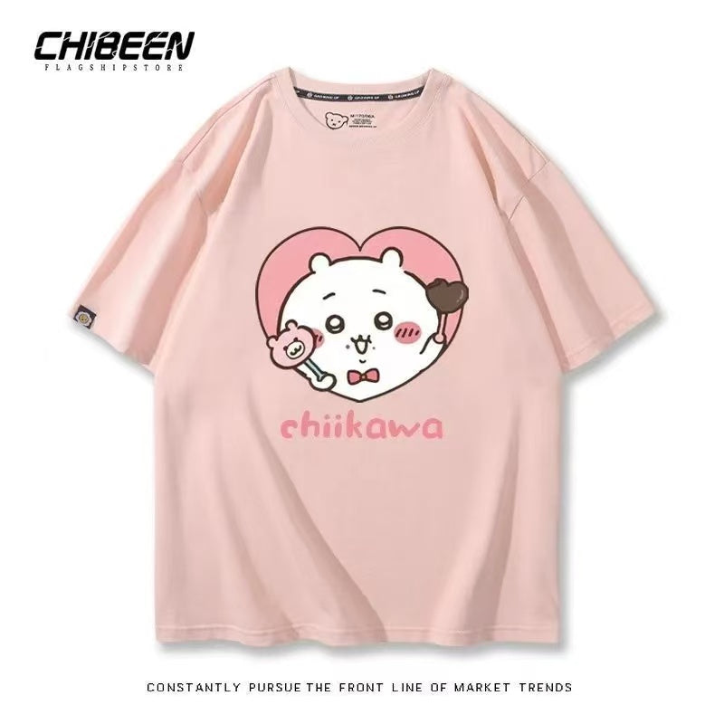 Chiikawa 100% Cotton, pink color,Soft on Skin, Japanese Anime Style Short-Sleeve T-Shirt