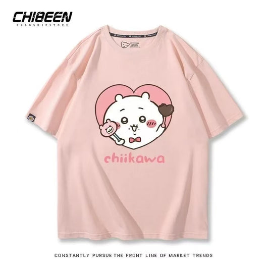 Chiikawa 100% Cotton, pink color,Soft on Skin, Japanese Anime Style Short-Sleeve T-Shirt
