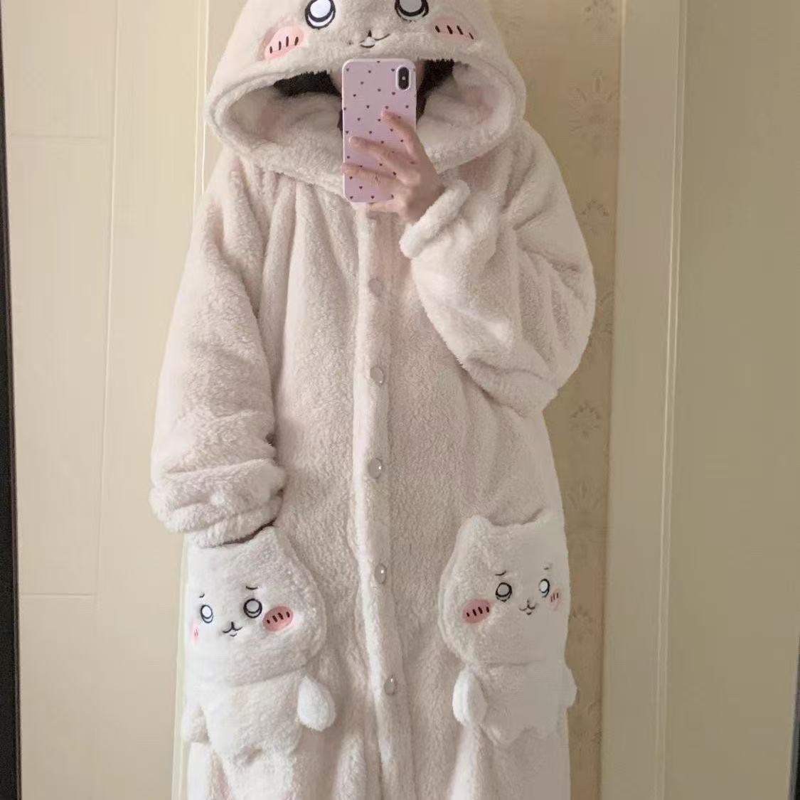 Cute Chiikawa Coral Fleece Hooded Pajama Set (Unisex) - Warm for Home & Lounge Wear