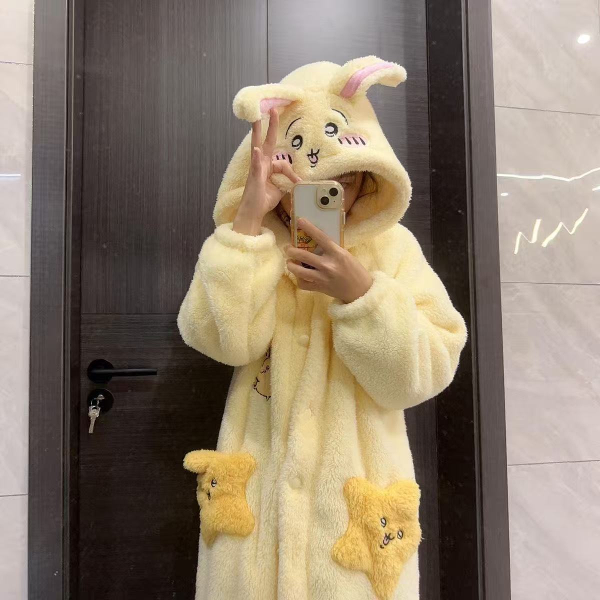 Women's Cute Usagi Plush Coral Fleece Robe - Mid-Length Pajama Dress for Spring, Autumn & Winter