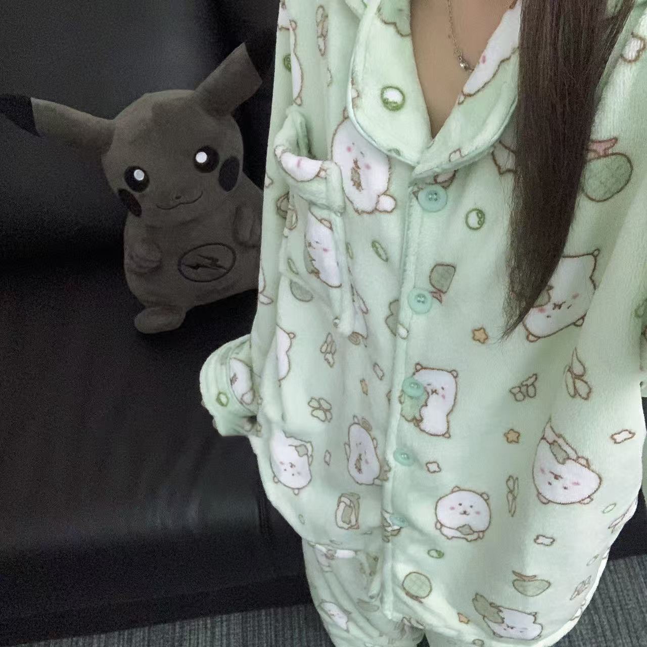 Joke Bear Cute Joke Bear Pajamas: Mint Green Coral Fleece, Thick & Warm Japanese-Style HomewearPajamas: Mint Green Coral Fleece, Thick & Warm Japanese-Style Homewear