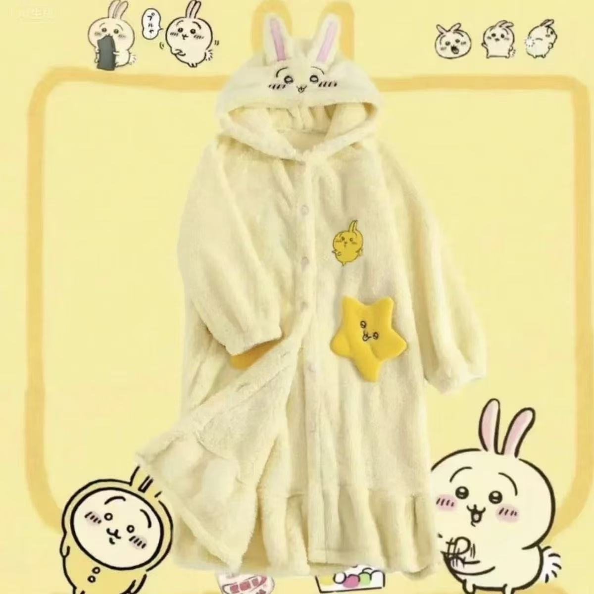 Women's Cute Usagi Plush Coral Fleece Robe - Mid-Length Pajama Dress for Spring, Autumn & Winter