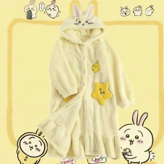Women's Cute Usagi Plush Coral Fleece Robe - Mid-Length Pajama Dress for Spring, Autumn & Winter