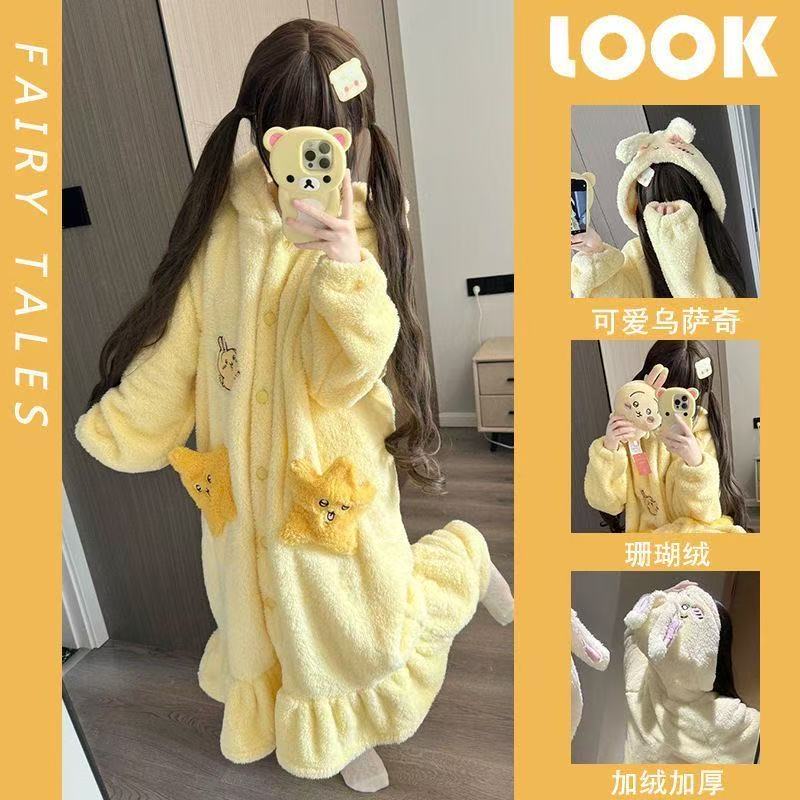 Women's Cute Usagi Plush Coral Fleece Robe - Mid-Length Pajama Dress for Spring, Autumn & Winter