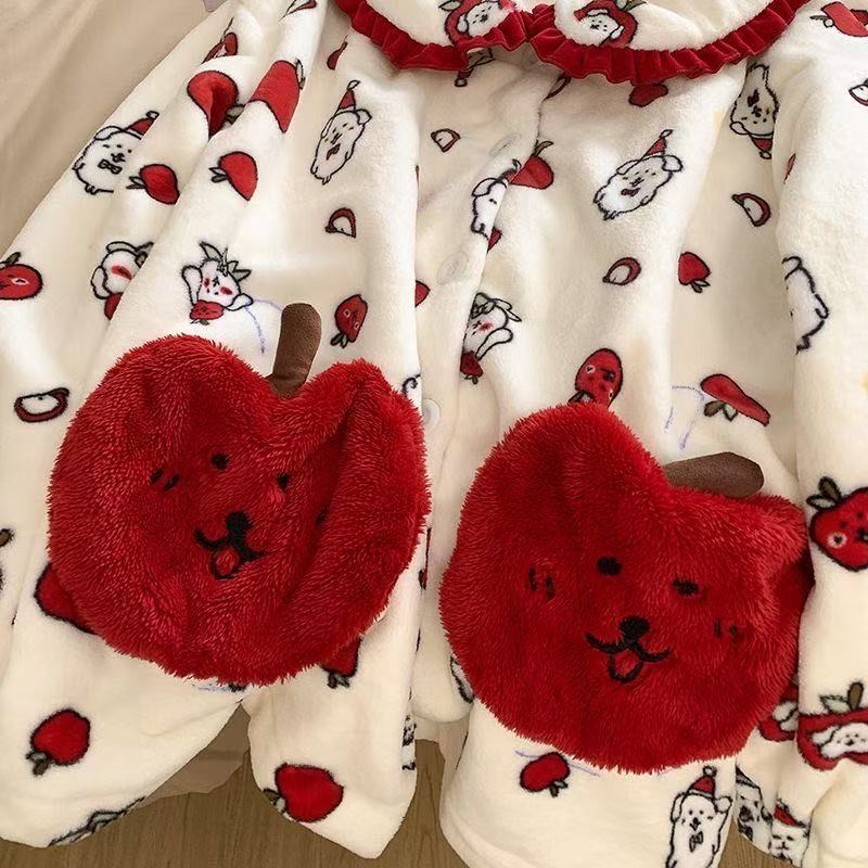 Joke Bear Women's Fluffy Coral Fleece Pajama Set with Peter Pan Collar - Princess Style, Thick & Warm for Autumn/Winter