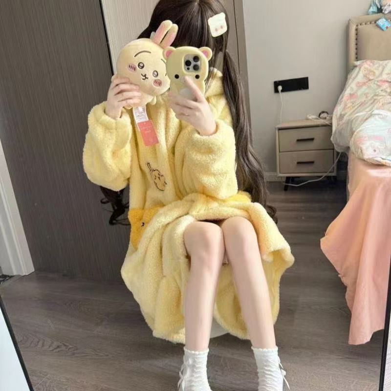 Women's Cute Usagi Plush Coral Fleece Robe - Mid-Length Pajama Dress for Spring, Autumn & Winter