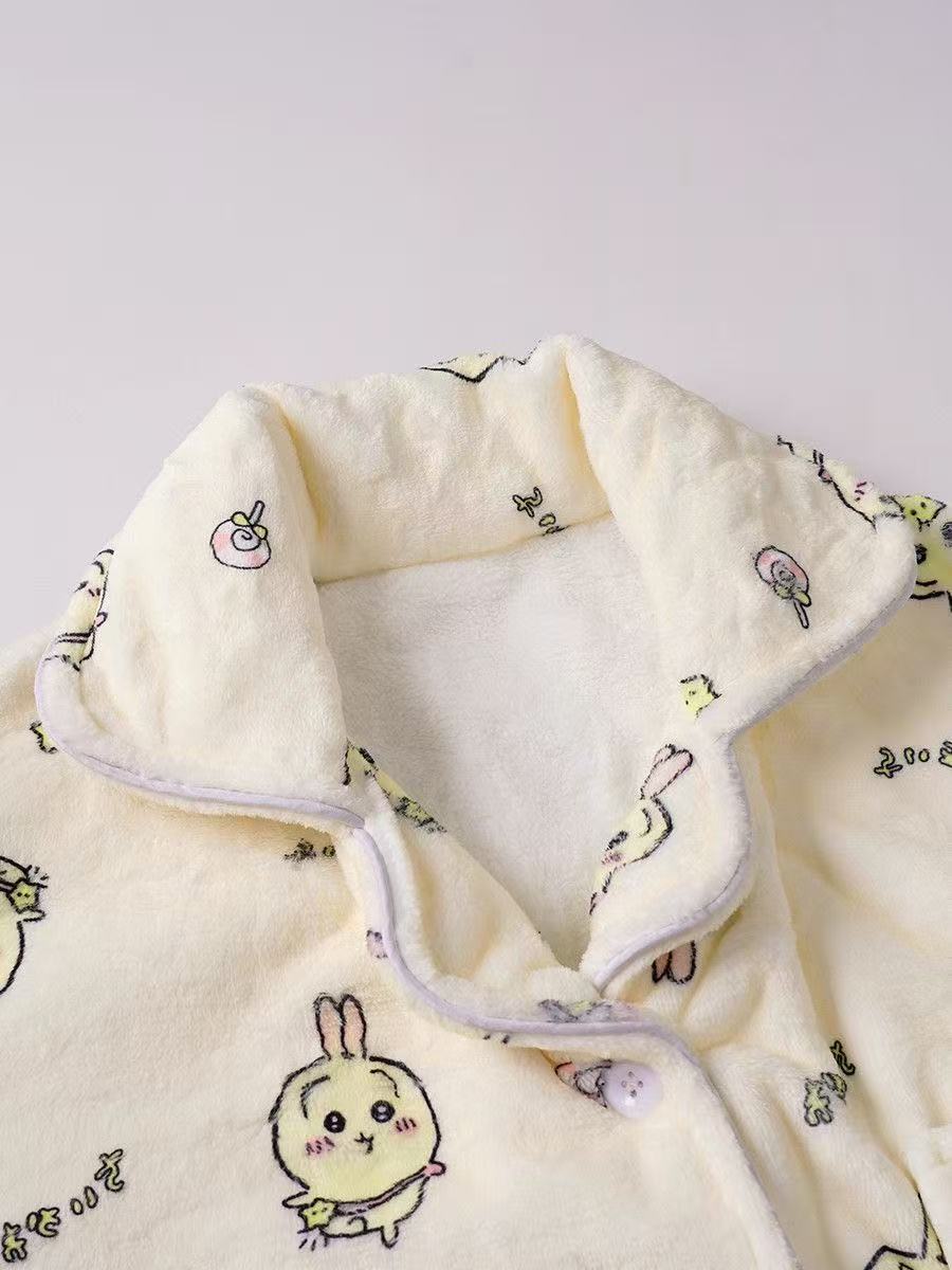 Usagi & Hachiware Winter Coral Fleece Pajama Set - Cute Cartoon Unisex Couple's Homewear, Warm & Cozy