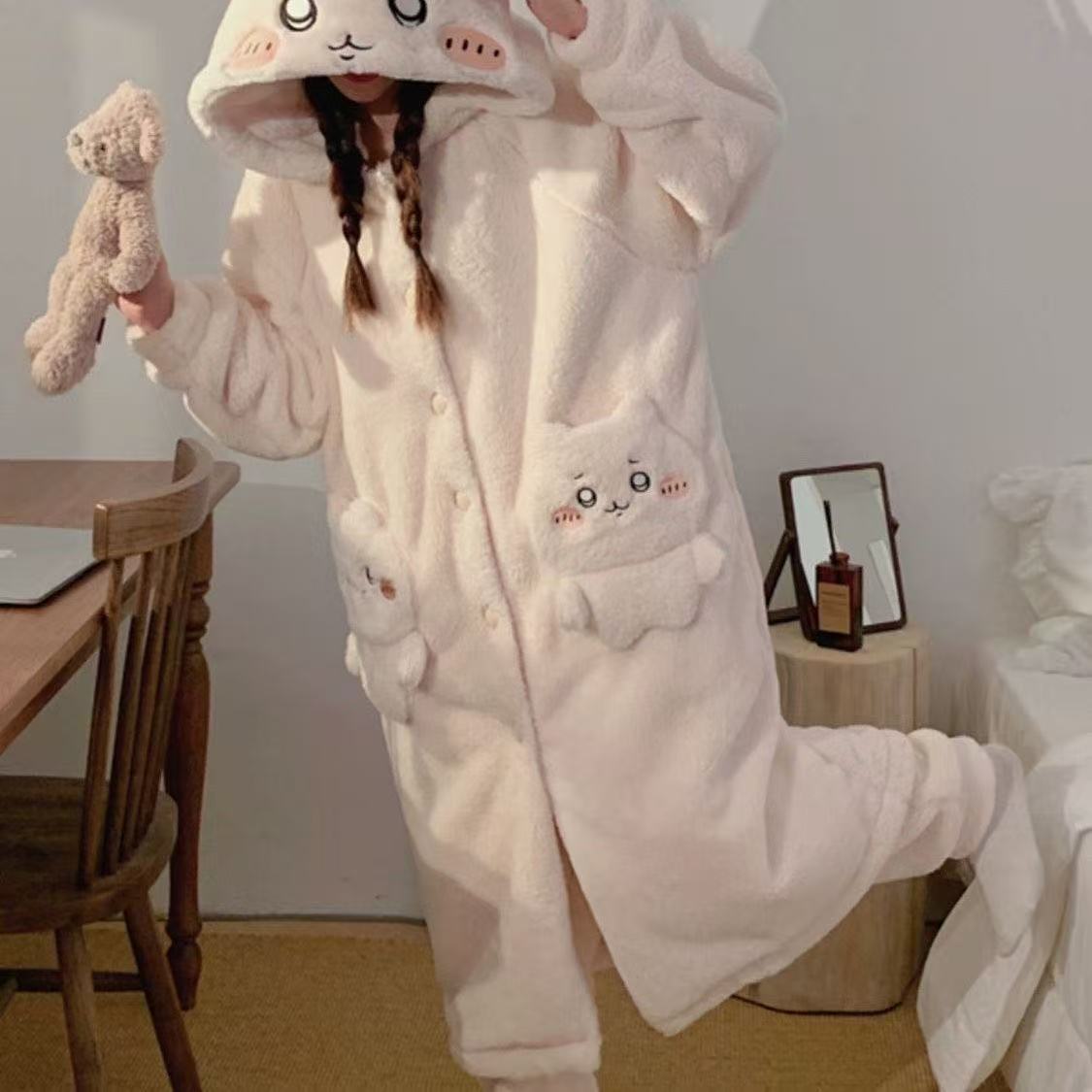 Cute Chiikawa Coral Fleece Hooded Pajama Set (Unisex) - Warm for Home & Lounge Wear