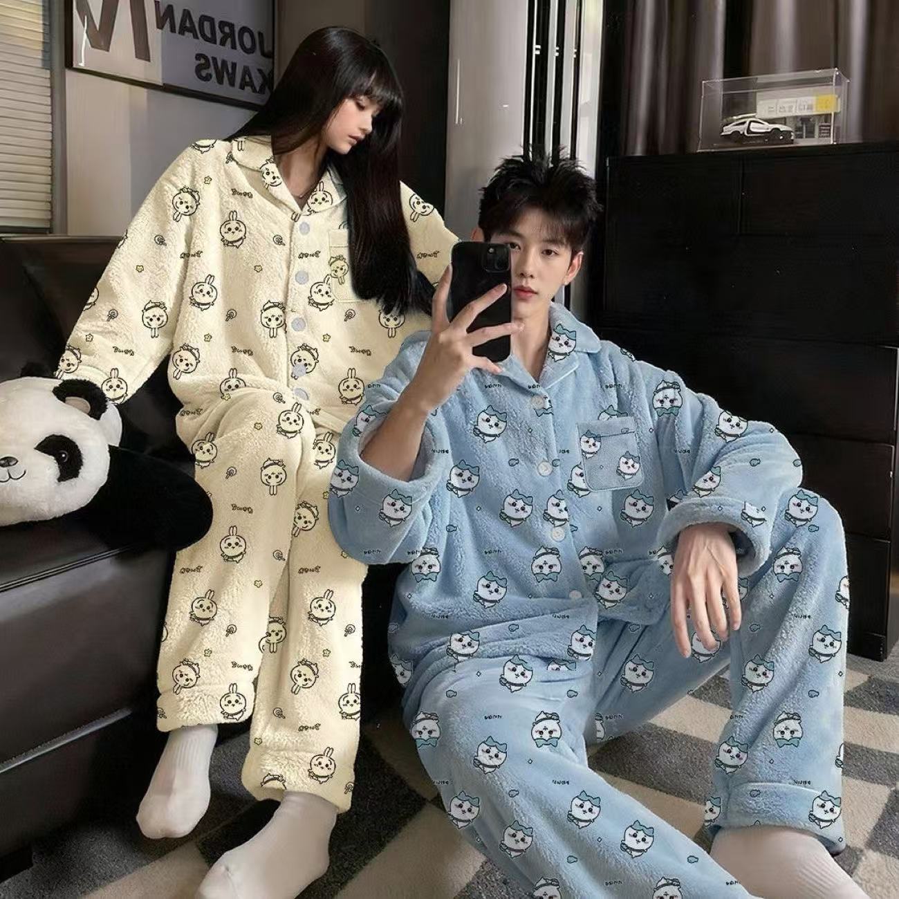 Usagi & Hachiware Winter Coral Fleece Pajama Set - Cute Cartoon Unisex Couple's Homewear, Warm & Cozy