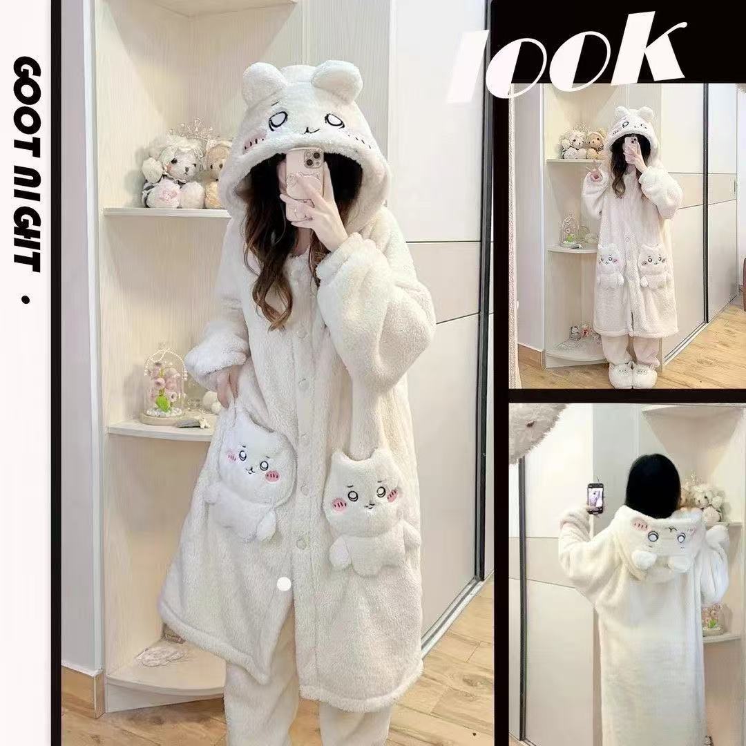 Cute Chiikawa Coral Fleece Hooded Pajama Set (Unisex) - Warm for Home & Lounge Wear