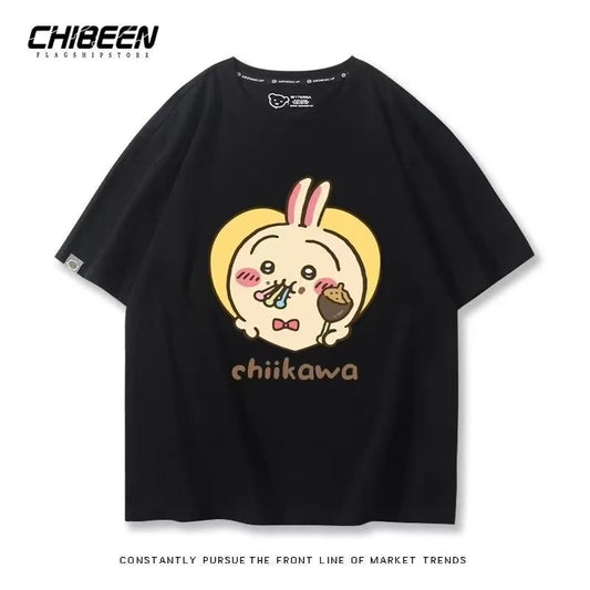Chiikawa 100% Cotton, black color,Soft on Skin, Japanese Anime Style Short-Sleeve T-Shirt