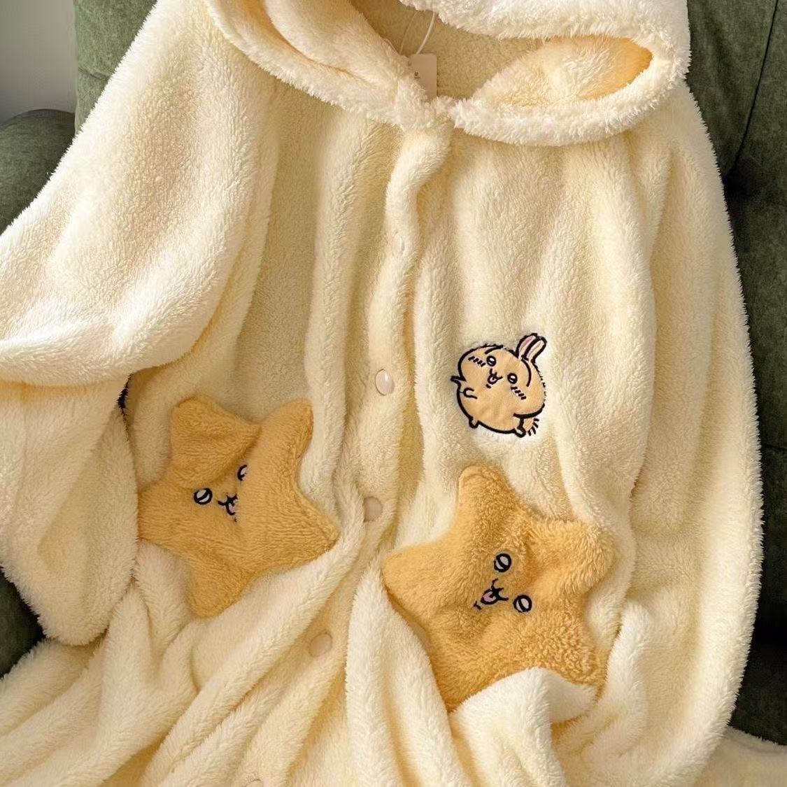 Women's Cute Usagi Plush Coral Fleece Robe - Mid-Length Pajama Dress for Spring, Autumn & Winter