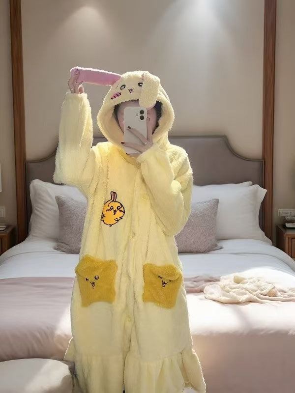 Women's Cute Usagi Plush Coral Fleece Robe - Mid-Length Pajama Dress for Spring, Autumn & Winter