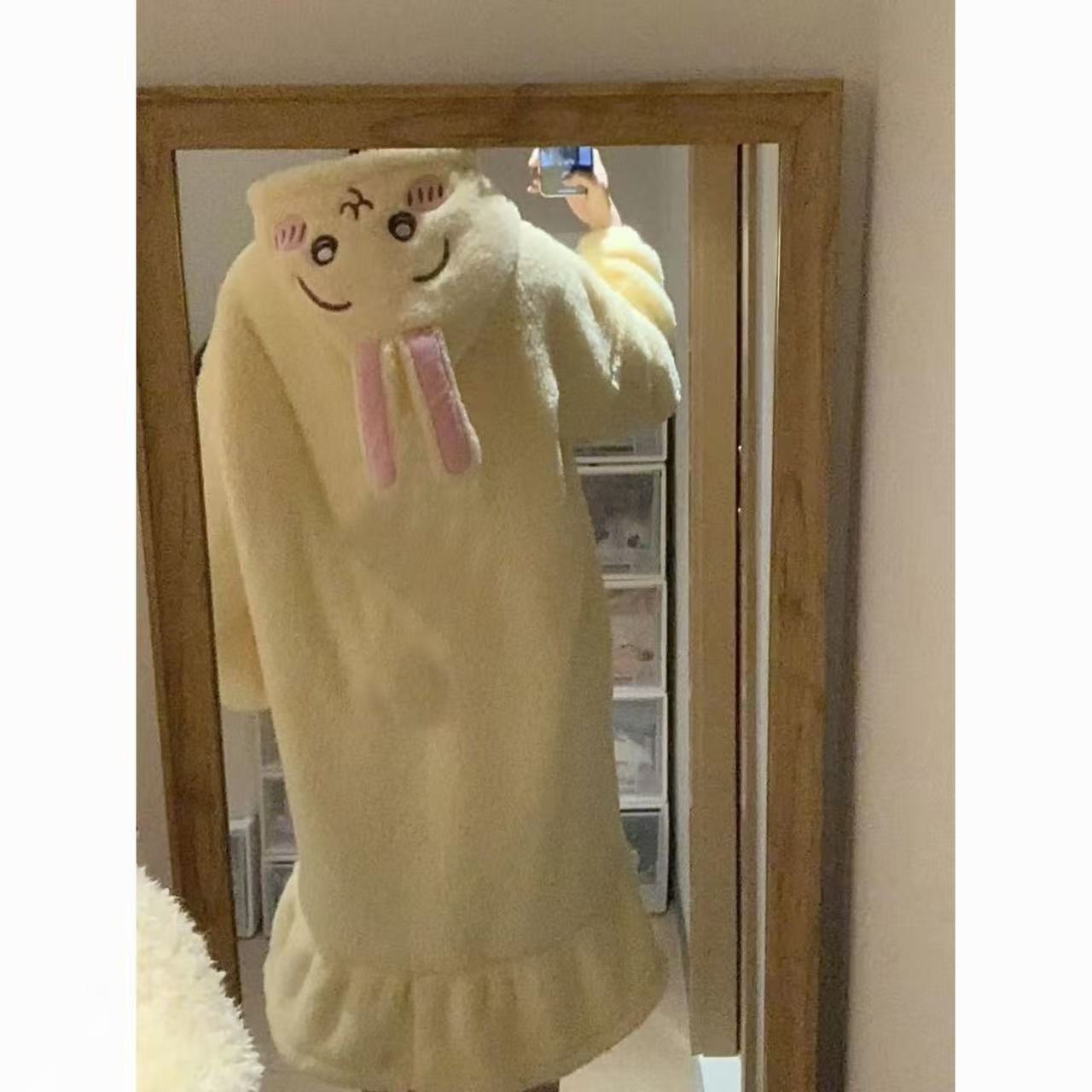 Women's Cute Usagi Plush Coral Fleece Robe - Mid-Length Pajama Dress for Spring, Autumn & Winter