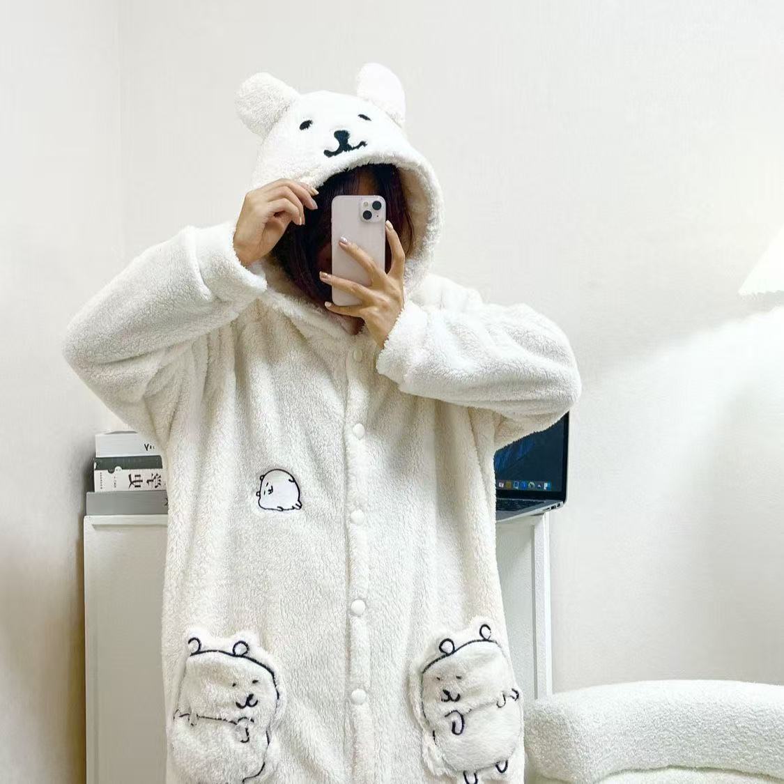 Joke Bear Women's Winter Robe - Plush Coral Fleece Hooded Long Pajamas, Thick & Cute for Fall/Winter, Can Be Worn Outside