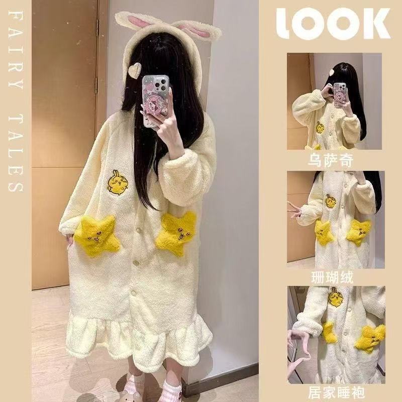Women's Cute Usagi Plush Coral Fleece Robe - Mid-Length Pajama Dress for Spring, Autumn & Winter