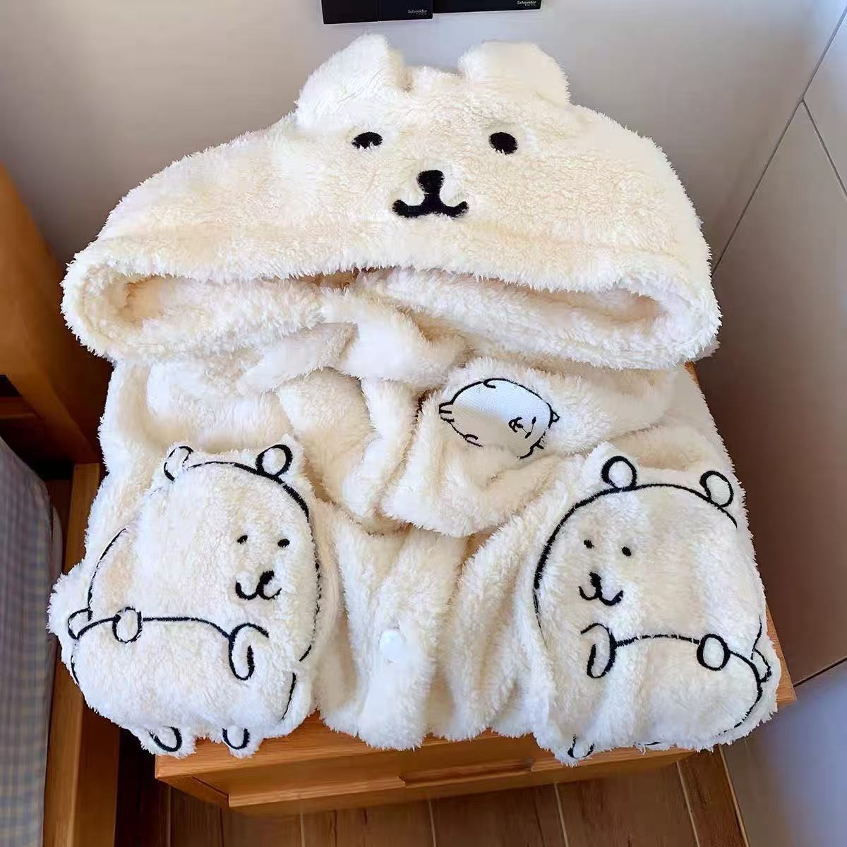 Joke Bear Women's Winter Robe - Plush Coral Fleece Hooded Long Pajamas, Thick & Cute for Fall/Winter, Can Be Worn Outside