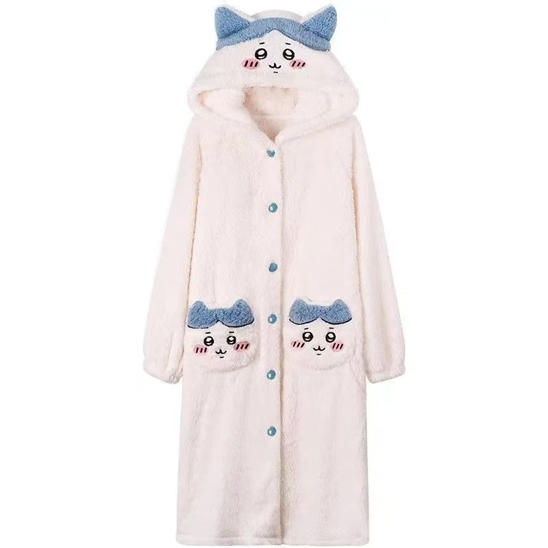 Hachiware Winter Plush Fleece Pajama Set - Cute Women's Mid-Length Loungewear