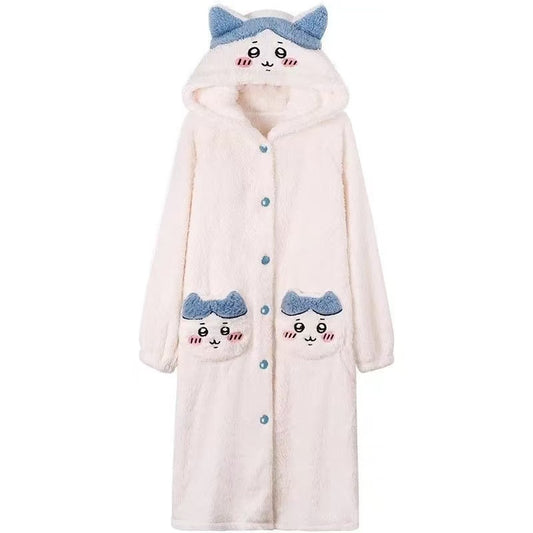Hachiware Winter Plush Fleece Pajama Set - Cute Women's Mid-Length Loungewear
