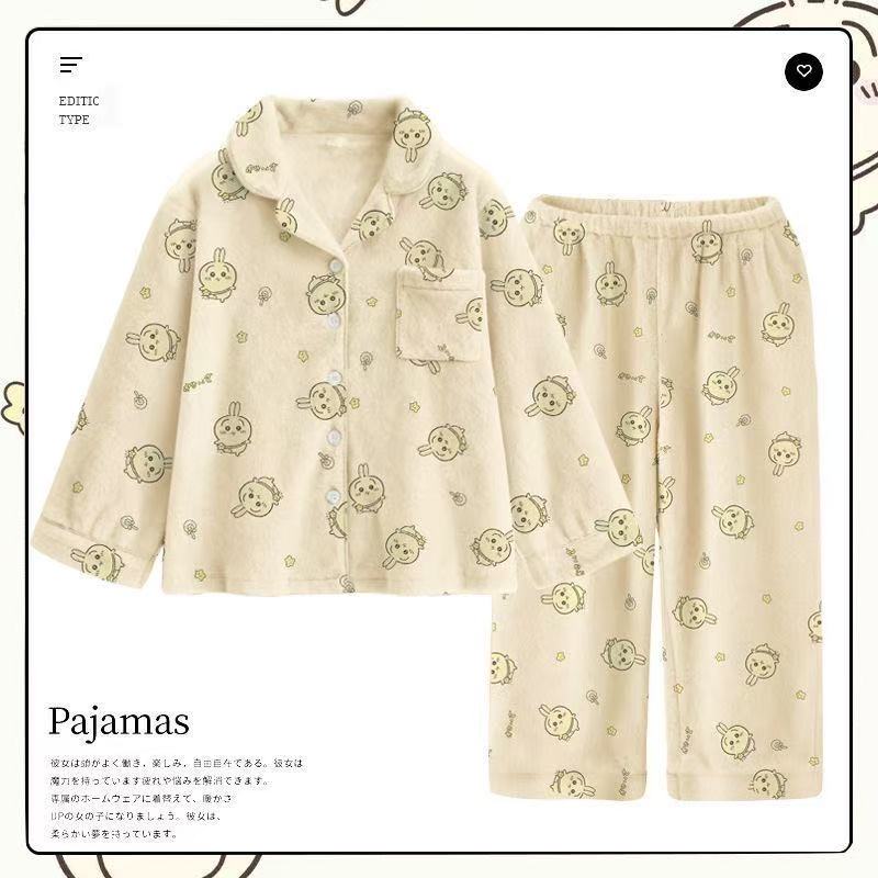 Usagi & Hachiware Winter Coral Fleece Pajama Set - Cute Cartoon Unisex Couple's Homewear, Warm & Cozy
