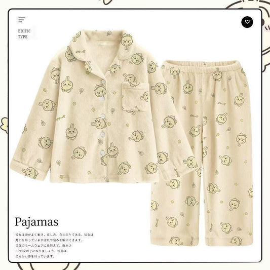 Usagi & Hachiware Winter Coral Fleece Pajama Set - Cute Cartoon Unisex Couple's Homewear, Warm & Cozy