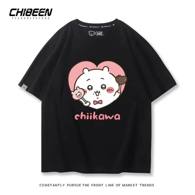Chiikawa 100% Cotton, black color,Soft on Skin, Japanese Anime Style Short-Sleeve T-Shirt