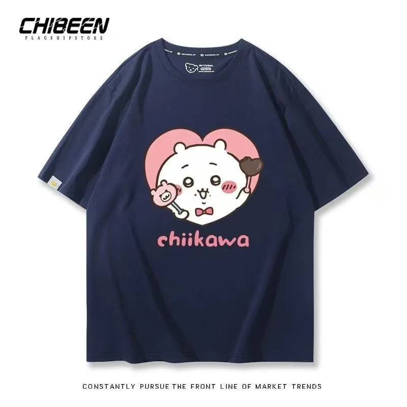 Chiikawa 100% Cotton, navy blue color,Soft on Skin, Japanese Anime Style Short-Sleeve T-Shirt