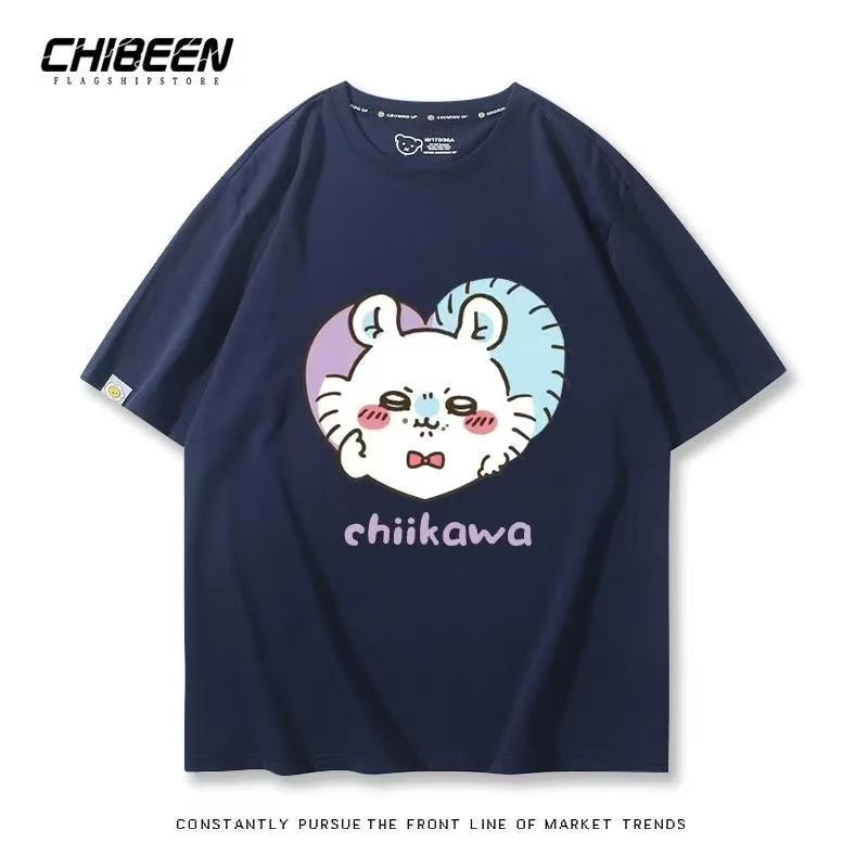 Chiikawa 100% Cotton, navy blue color,Soft on Skin, Japanese Anime Style Short-Sleeve T-Shirt