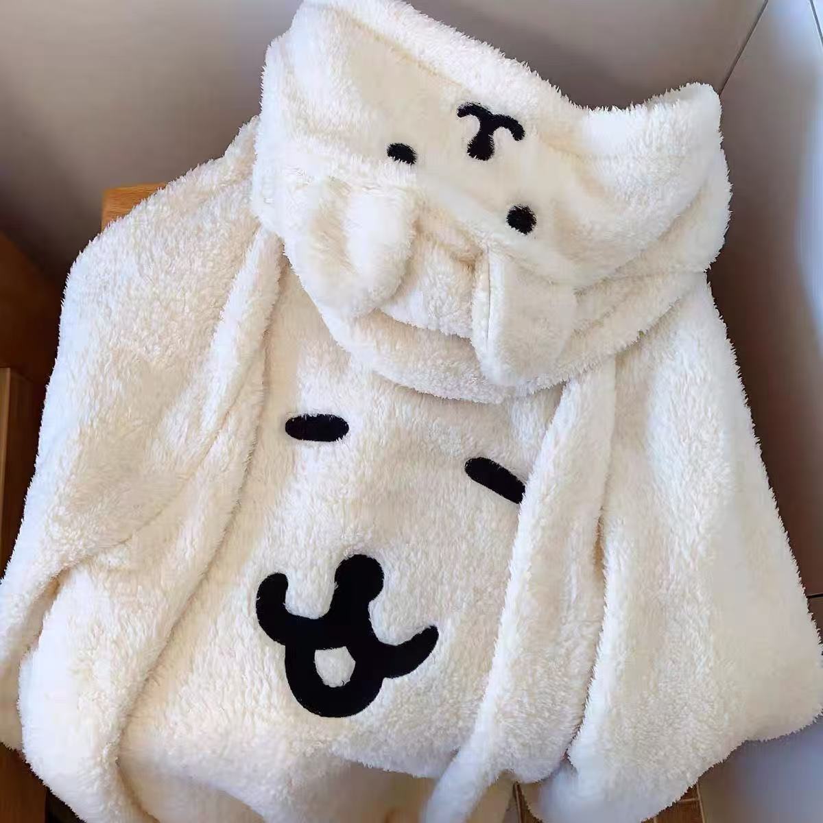 Joke Bear Women's Winter Robe - Plush Coral Fleece Hooded Long Pajamas, Thick & Cute for Fall/Winter, Can Be Worn Outside